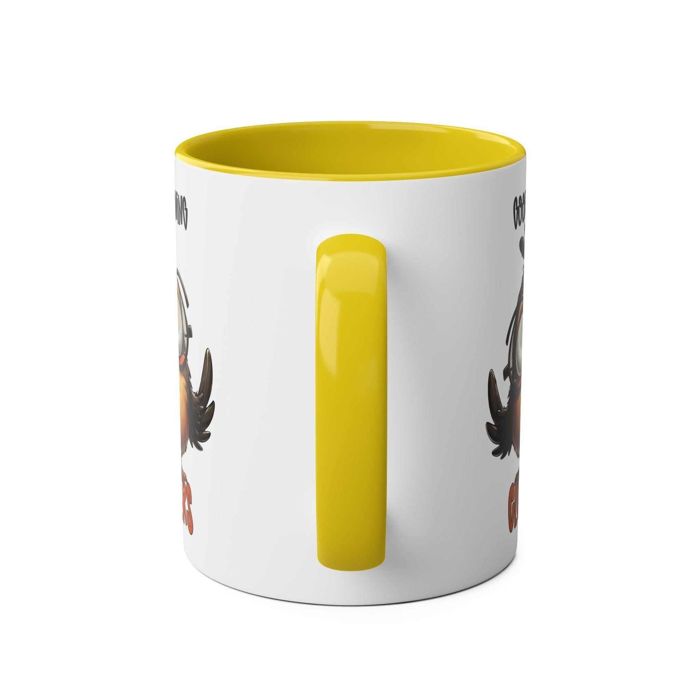 Yellow-handled Morning Cluckers Coffee Mug with humorous design, 11oz ceramic, glossy finish.