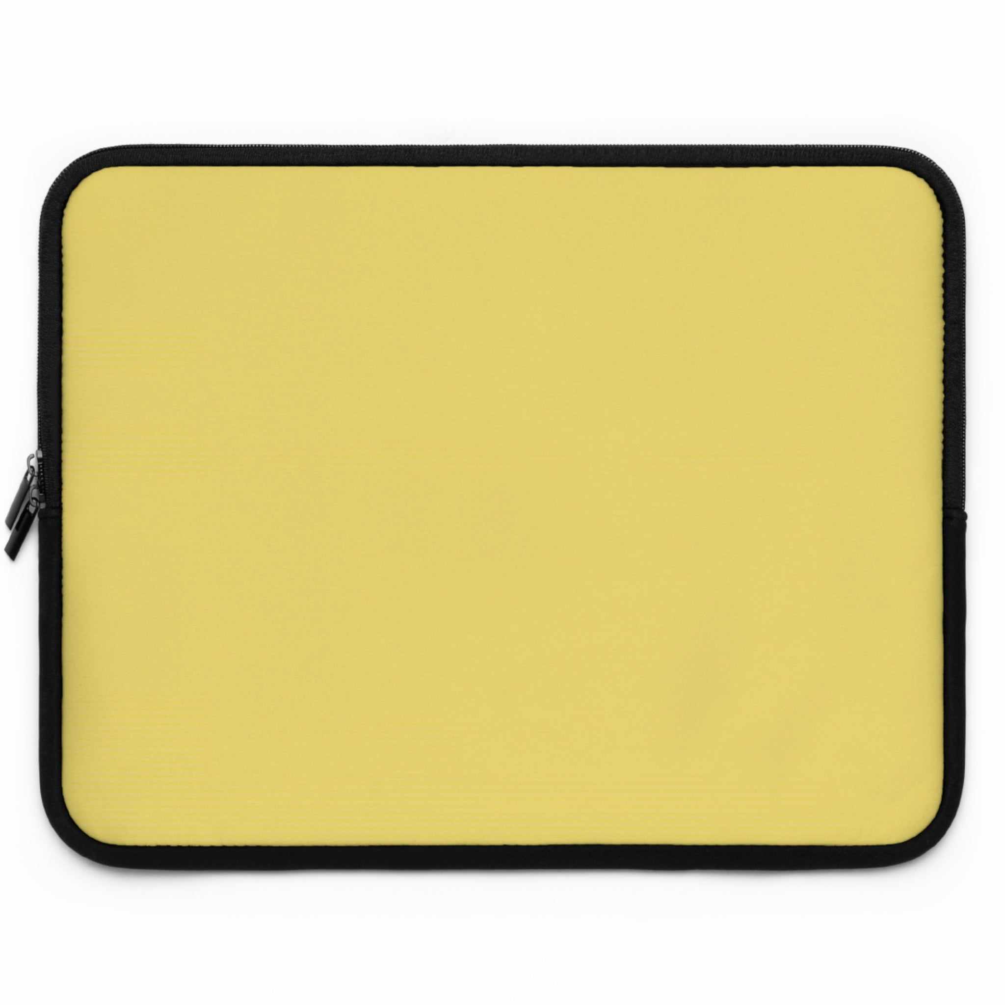 Lemon yellow neoprene laptop sleeve with black trim and dual zipper closure