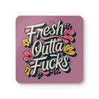 Fresh Outta Fucks Coaster Set with cheeky floral design on purple background.