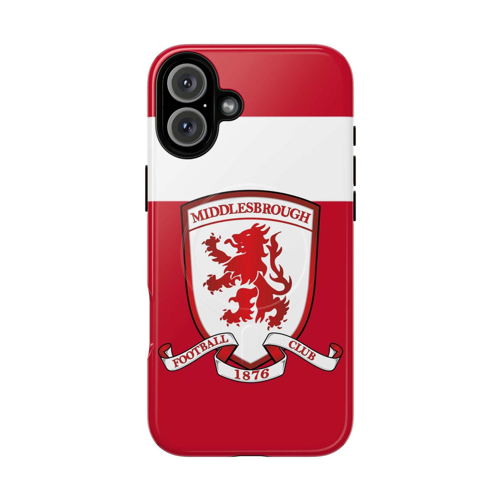 Middlesbrough MagSafe iPhone case with red design and football club crest, dual-layer protection, and wireless charging compatible
