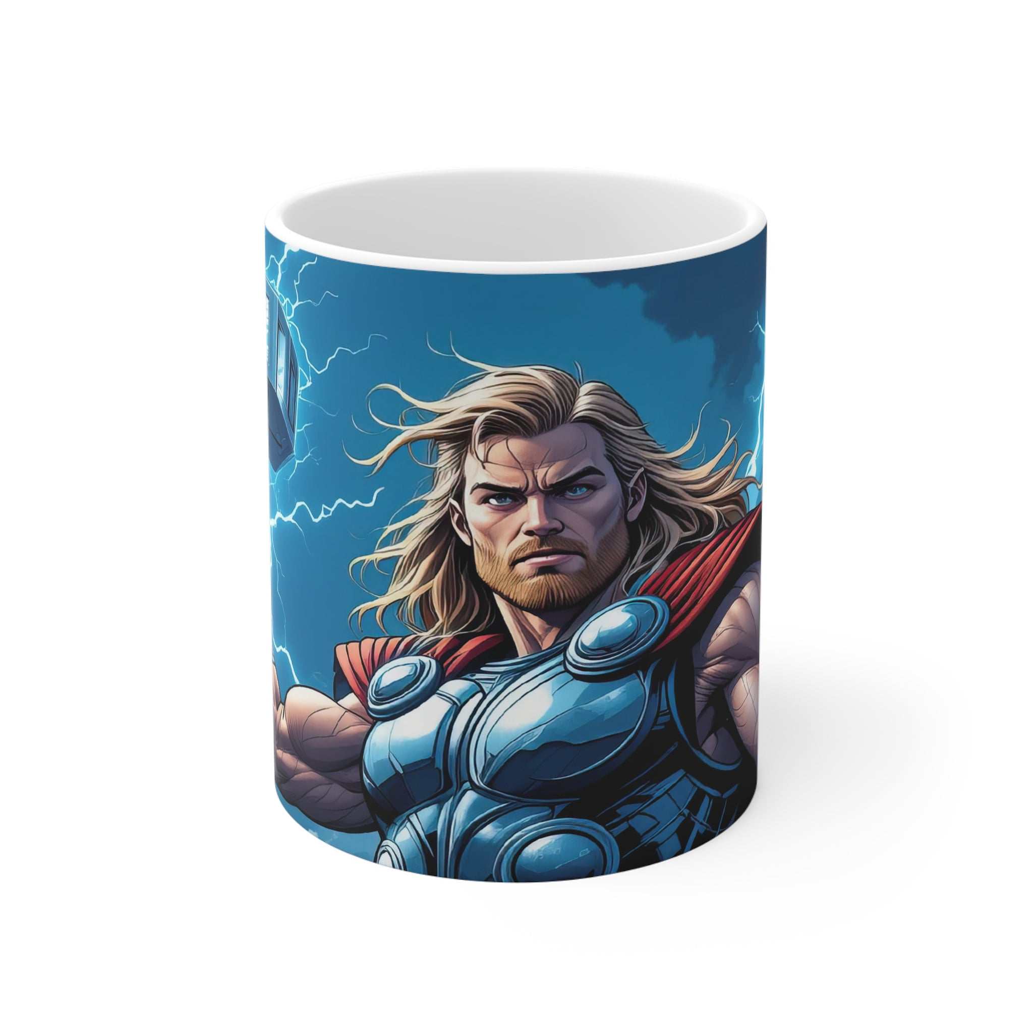 11oz ceramic mug with a glossy Thor-inspired superhero design featuring the God of Thunder, microwave and dishwasher safe.