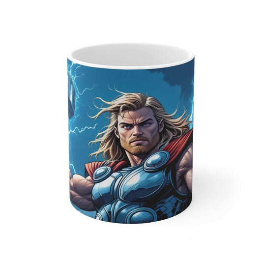 Thor-inspired superhero mug with bold design, 11oz ceramic, glossy finish, microwave and dishwasher safe.