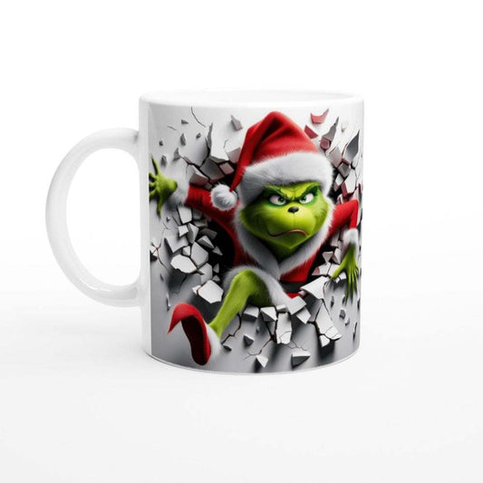 Festive Grinch Hole in the Wall ceramic mug with playful design.