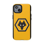 Wolves FC MagSafe iPhone case with gold and black wolf logo, dual-layer protection, and MagSafe compatibility