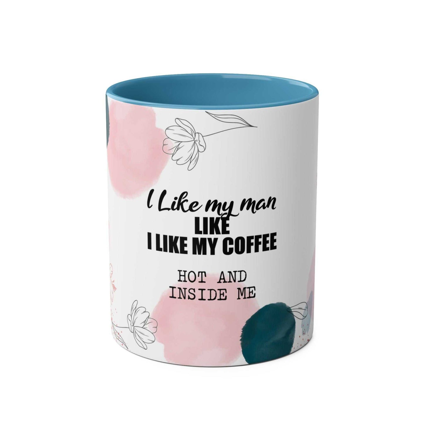 Cheeky Fun Valentines Mug with quirky design, glossy white ceramic, colored rim and handle, perfect for Valentine's Day.