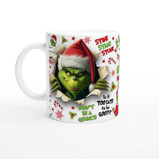 Grinchmas Christmas Mug with festive design and sublimation print, 11oz ceramic, glossy finish, microwave and dishwasher safe.