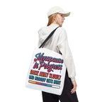 Cheeky Menopause in Progress tote bag with bold design, durable spun polyester, cotton straps, and multiple handle color options