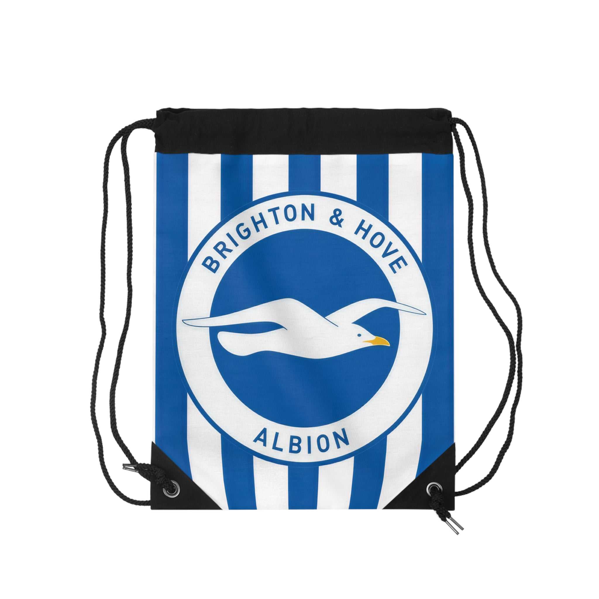 Brighton FC drawstring bag in blue and white stripes with club crest, lightweight polyester, ideal for gym, travel, and school.