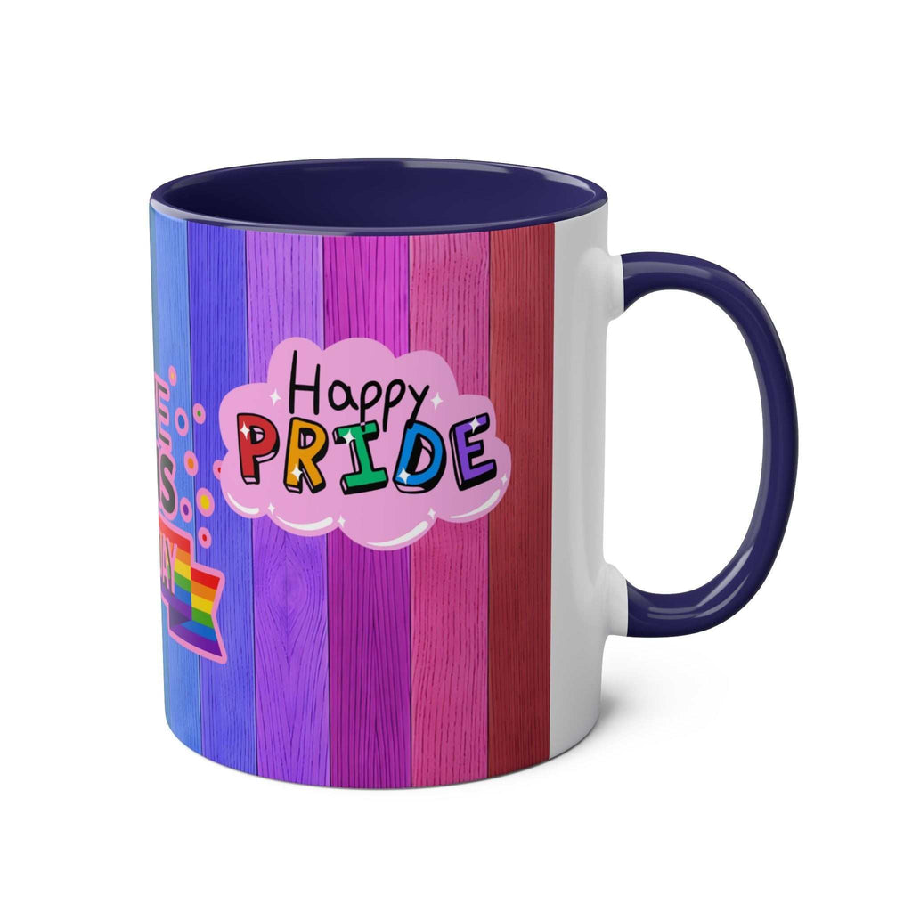 LGBTQ+ Pride Mug with vibrant rainbow design and "Happy Pride" text, ceramic, 11oz, glossy finish.