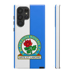 Blackburn Rovers Magnetic Samsung phone case with blue and white colors, dual-layer protection, and wireless charging compatibility