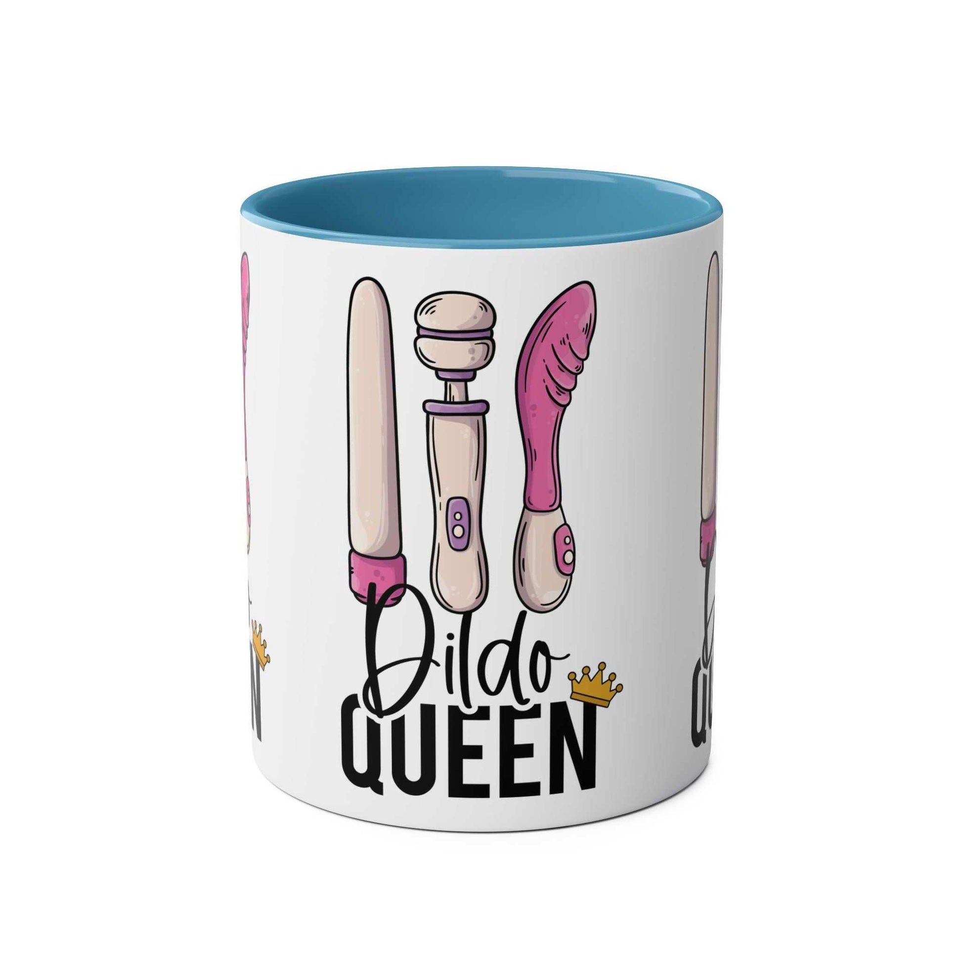 Fun and cheeky Dildo Queen Coffee Mug with playful design, perfect gag gift, glossy ceramic finish.