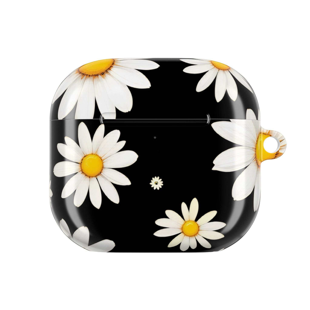 Black daisies AirPods protective hard shell case with vibrant floral design
