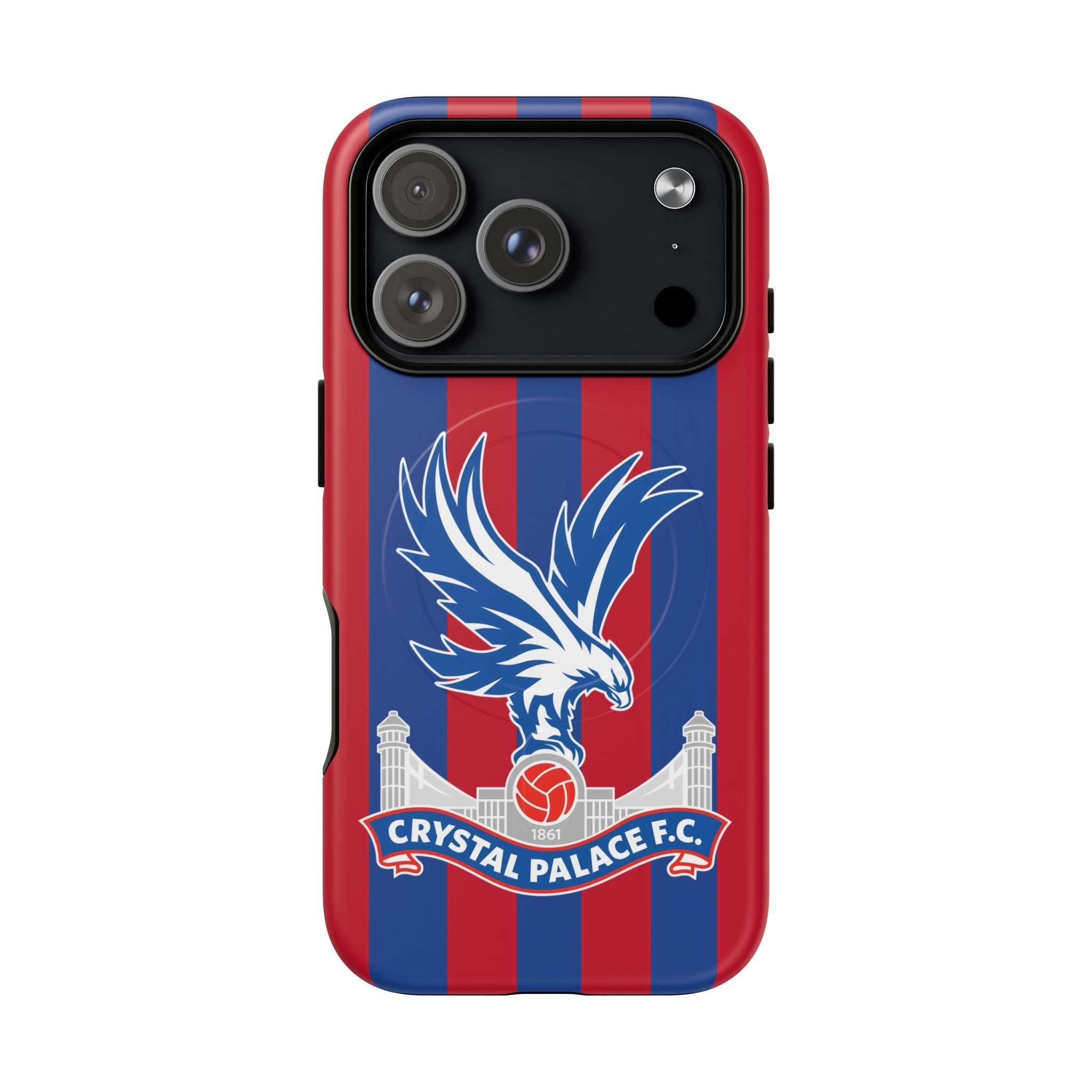 Crystal Palace MagSafe iPhone case with red and blue stripes and eagle crest, protective dual-layer design.