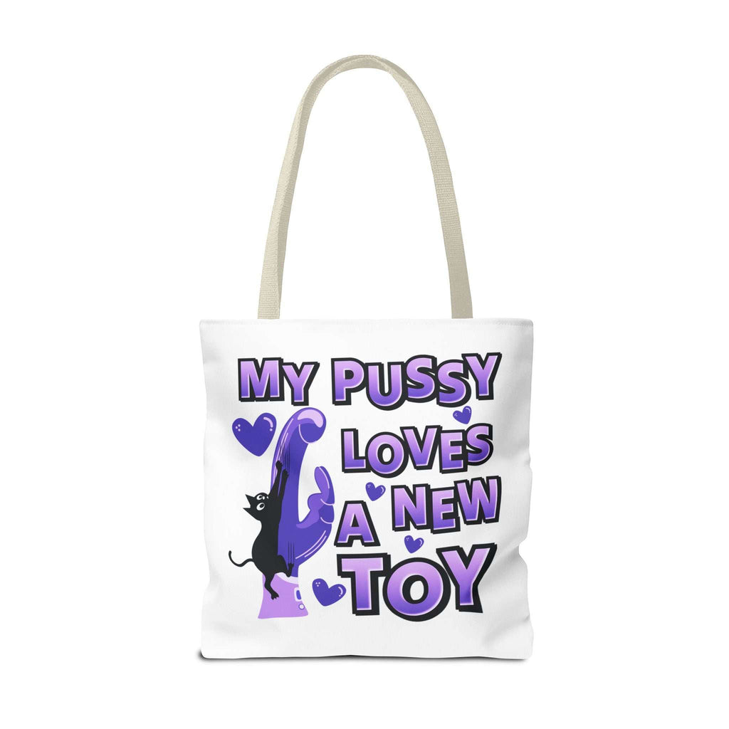 Fun cat toy tote bag with cheeky printed design and multiple handle color options