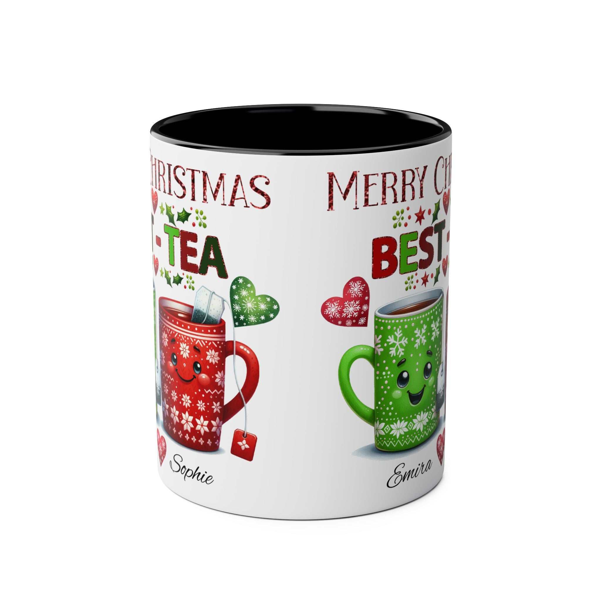 Personalised Bestie Christmas Mug, 11oz ceramic, multi-color design, sublimation printed, glossy finish.