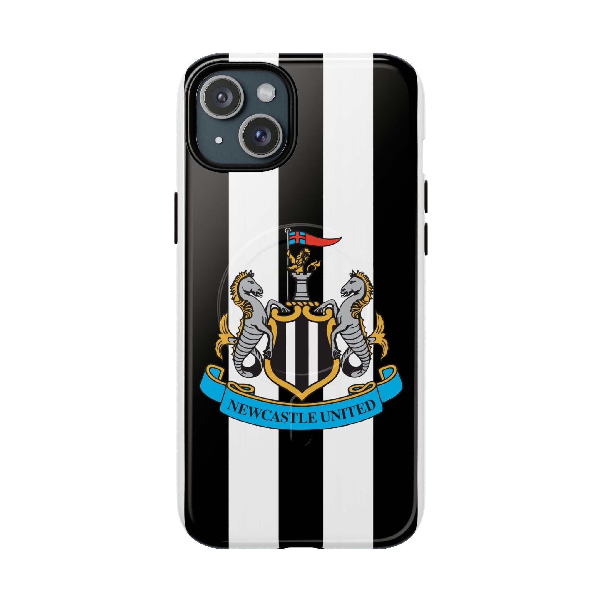 Newcastle United MagSafe iPhone case with black and white stripes and team crest, slim protective design with MagSafe compatibility