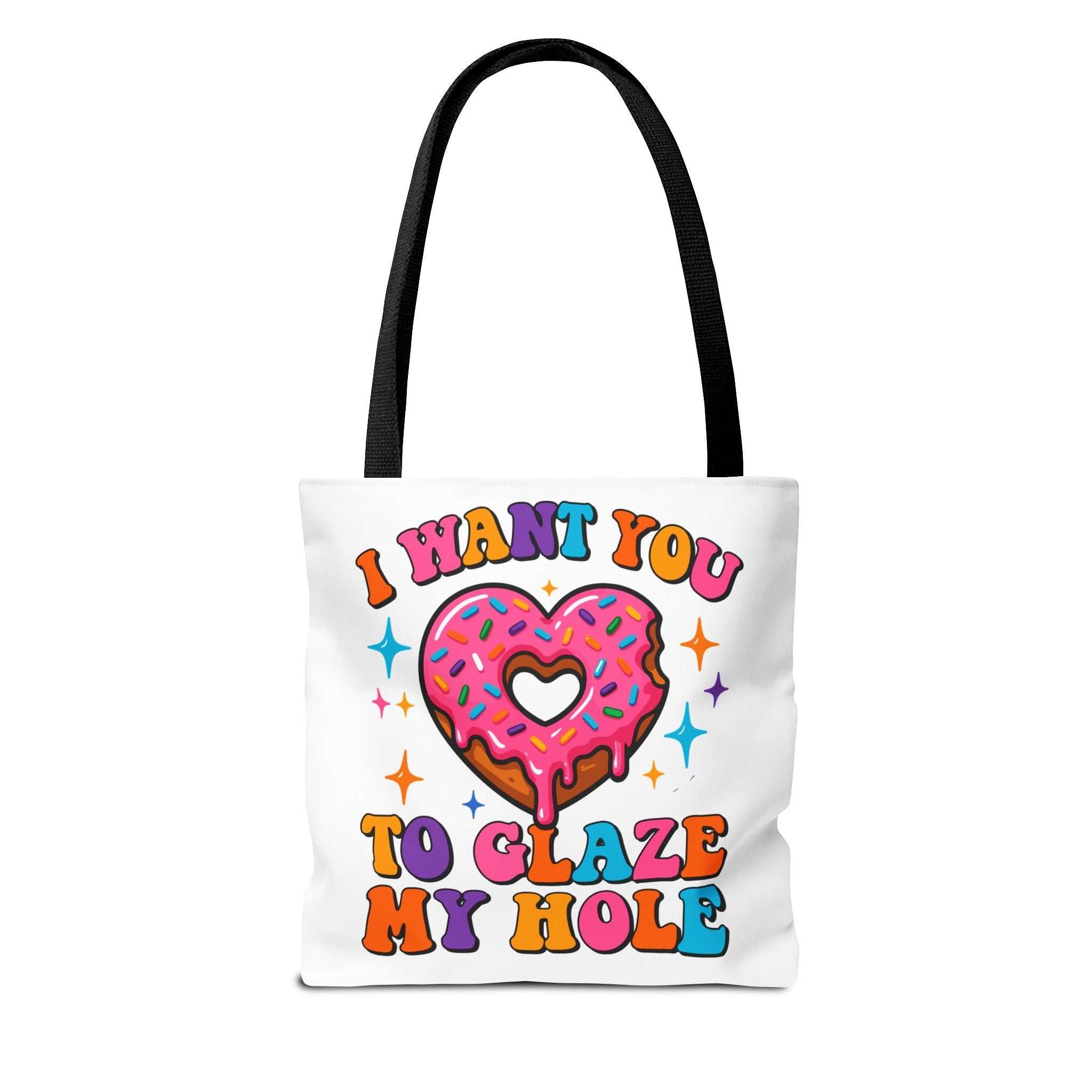 Glaze My Hole Donut Tote Bag with cheeky donut design and colorful handles, durable polyester, reusable and lightweight tote