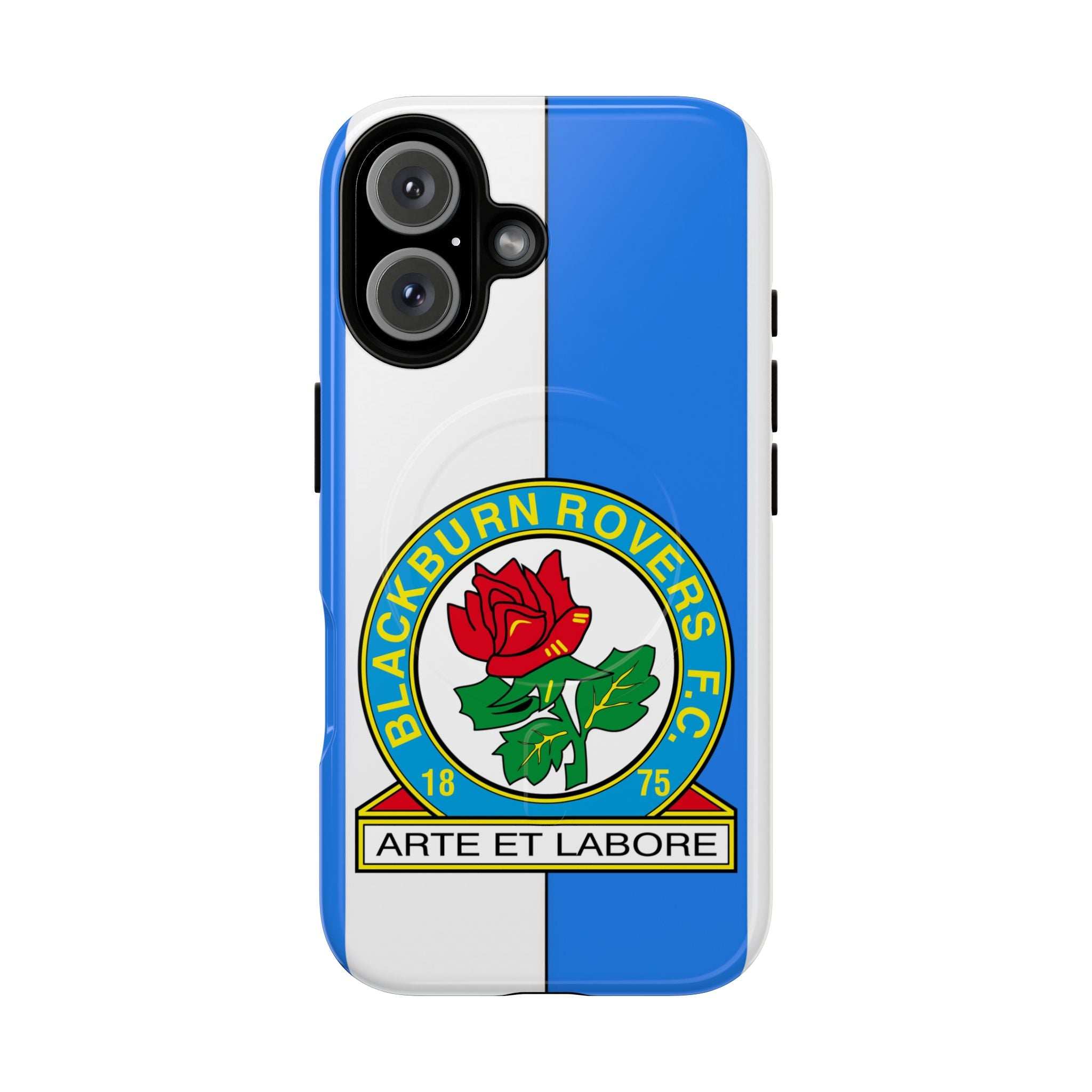 Blackburn Rovers MagSafe iPhone case with club colors and crest, dual layer protective design, and MagSafe compatibility