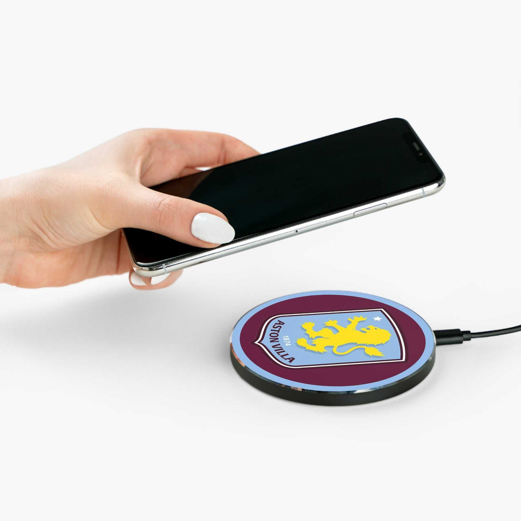 Aston Villa FC wireless charger with claret and blue design and lion crest, 10W fast wireless charging, durable aluminium casing, compatible with all Qi-enabled smartphones.