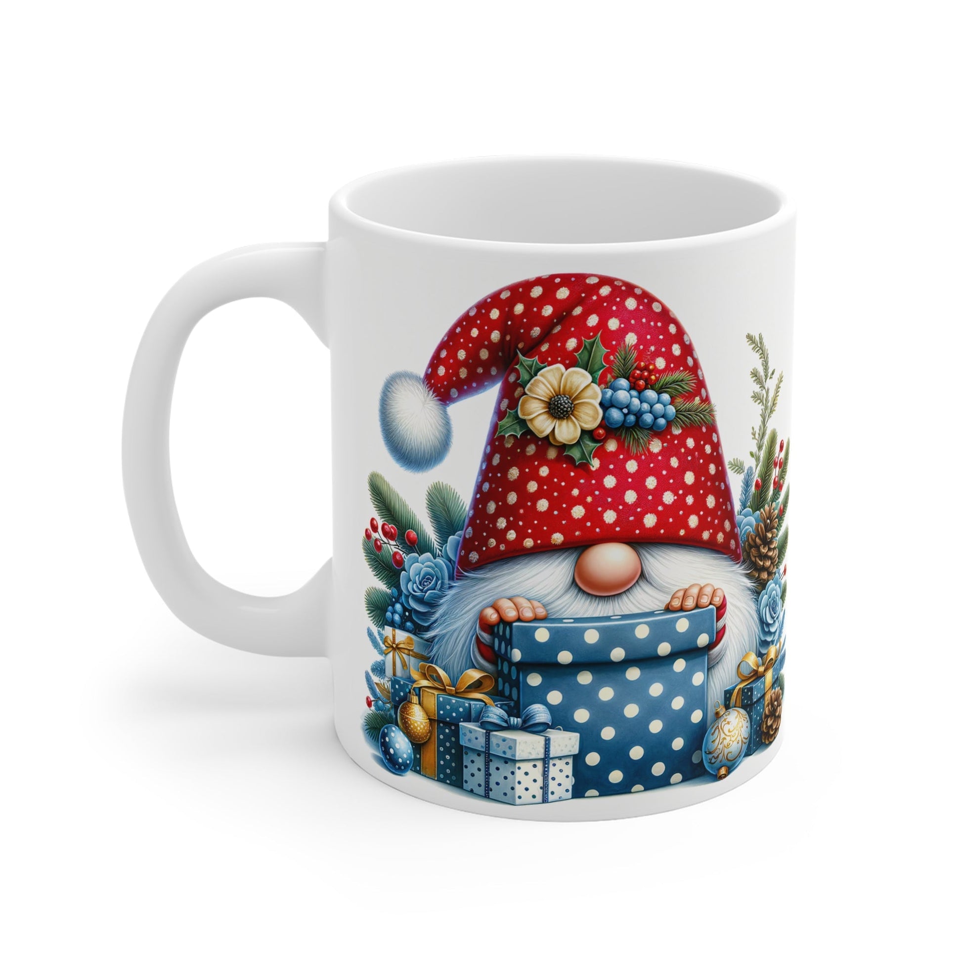 Christmas gnome mug with festive design, 11oz ceramic, glossy finish, perfect for holiday drinks.