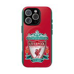 Liverpool FC MagSafe iPhone case with red color and club crest, durable dual-layer protection, and MagSafe compatibility
