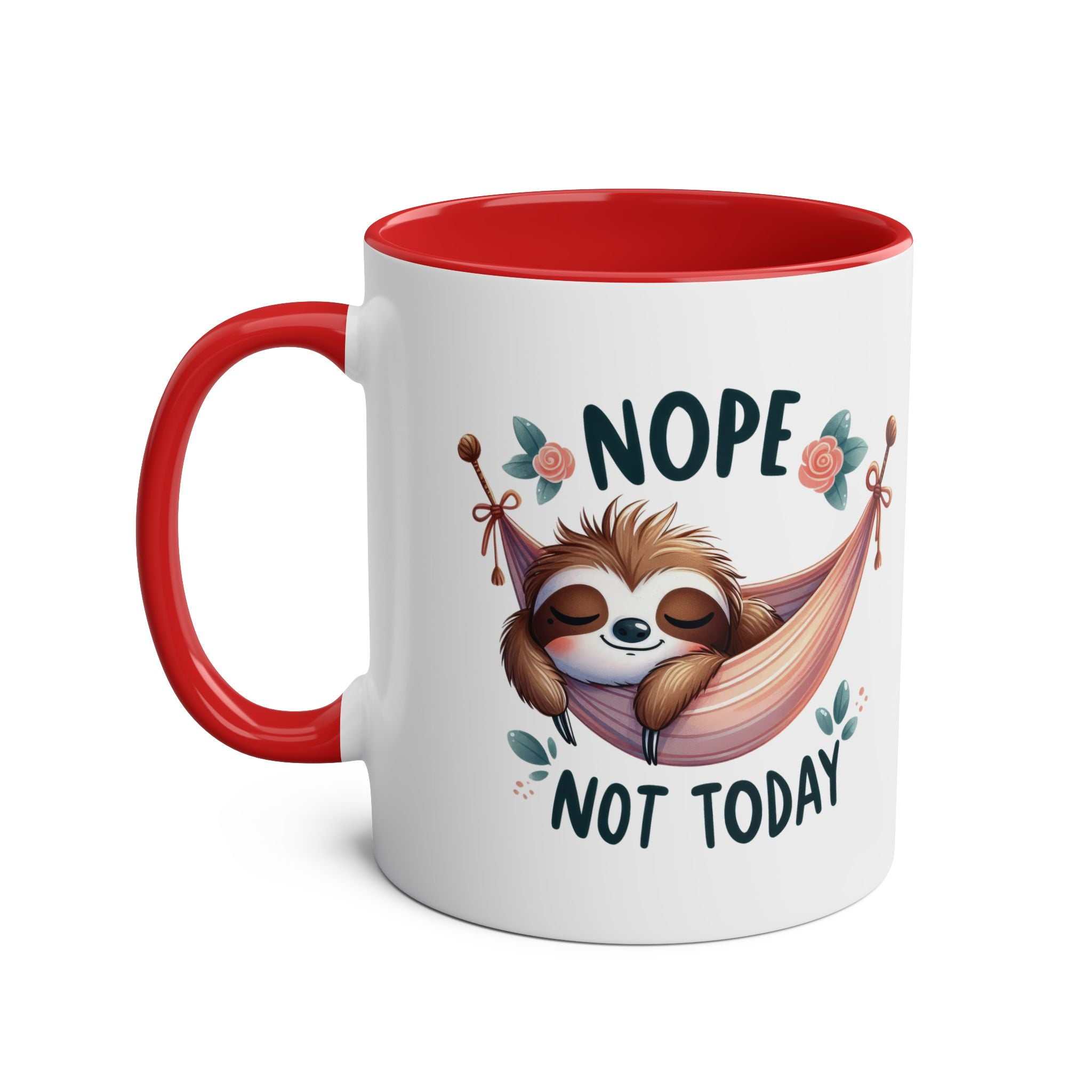 Cute sloth coffee mug with "Nope, Not Today" design and red handle.
