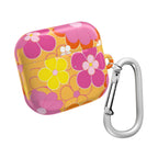 Retro floral AirPods protective case with vibrant pink and yellow flowers, durable hard shell and carabiner clip.