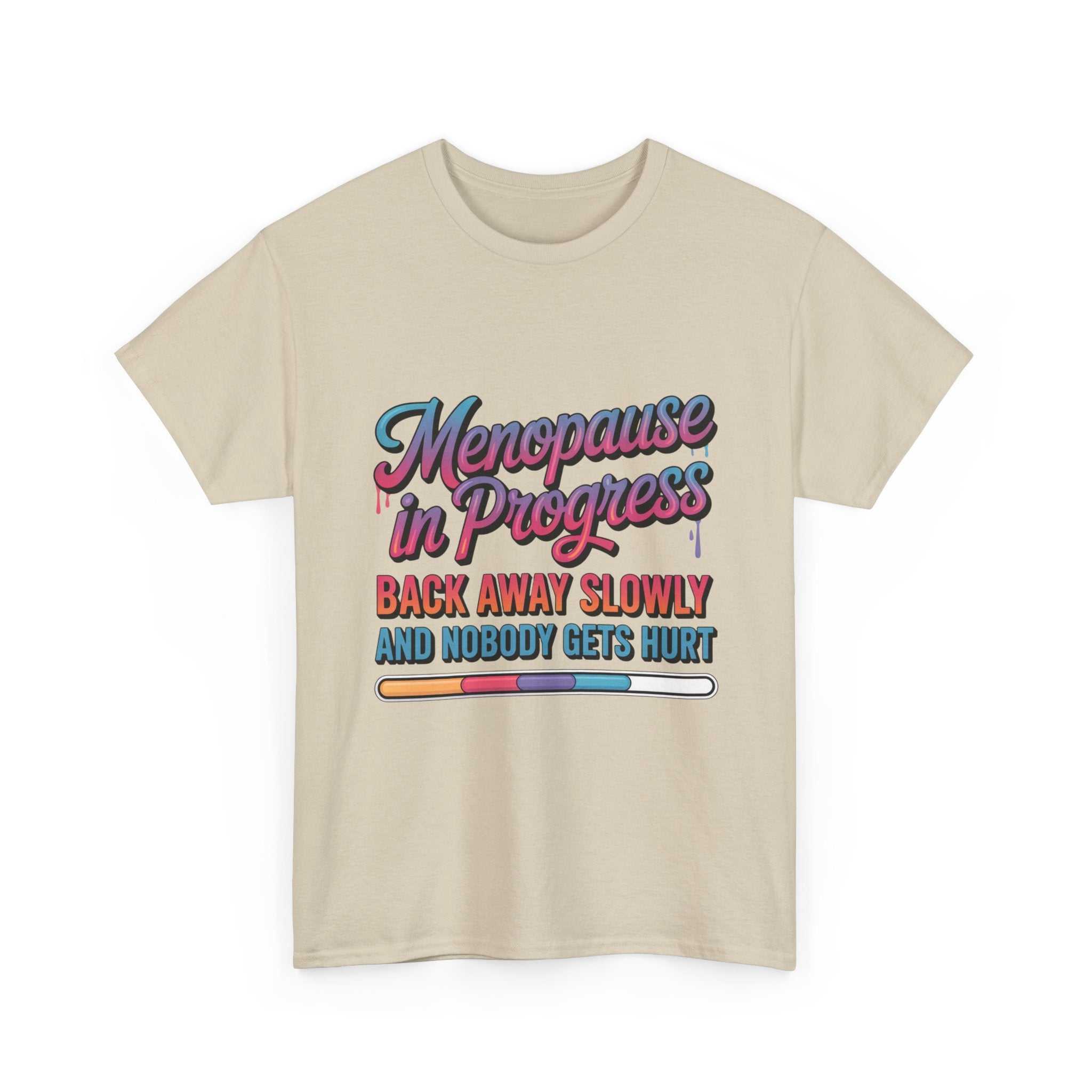 White Menopause In Progress T-Shirt with "Warning: Hot flashes loading…" text and flame emoji