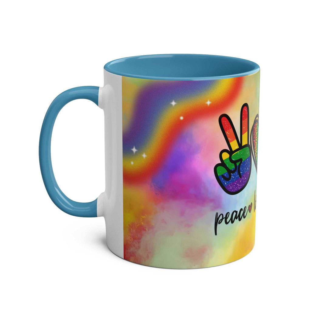 LGBTQ+ Pride Mug with vibrant rainbow design and peace symbol.