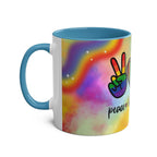 LGBTQ+ Pride Mug with vibrant rainbow design and peace symbol.