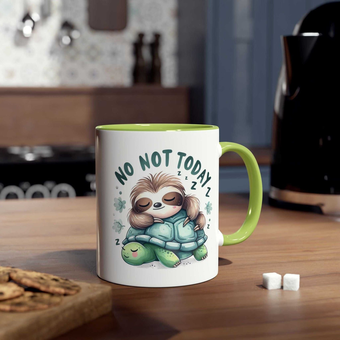 Cute sloth coffee mug with whimsical design and glossy finish on kitchen counter.