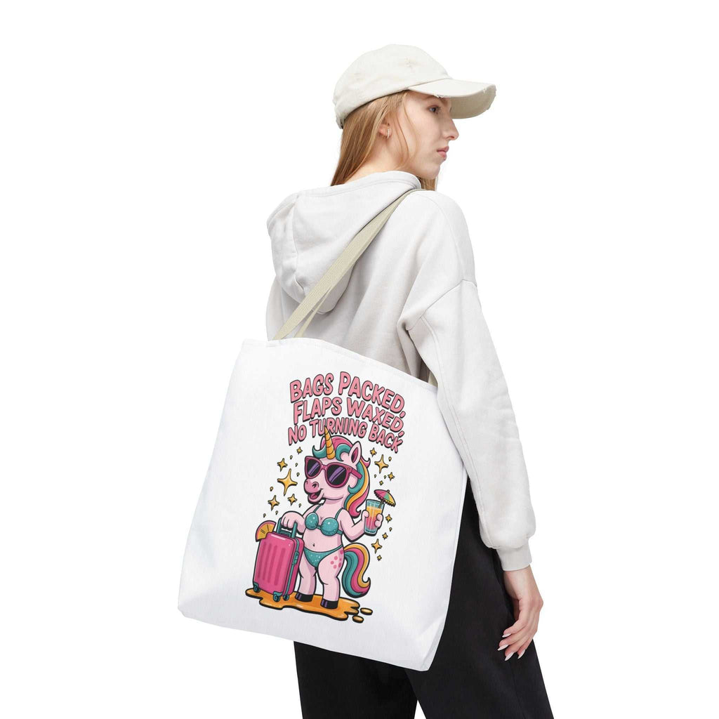Fun unicorn travel tote bag with cheeky design, durable spun polyester, multiple sizes and handle color options.