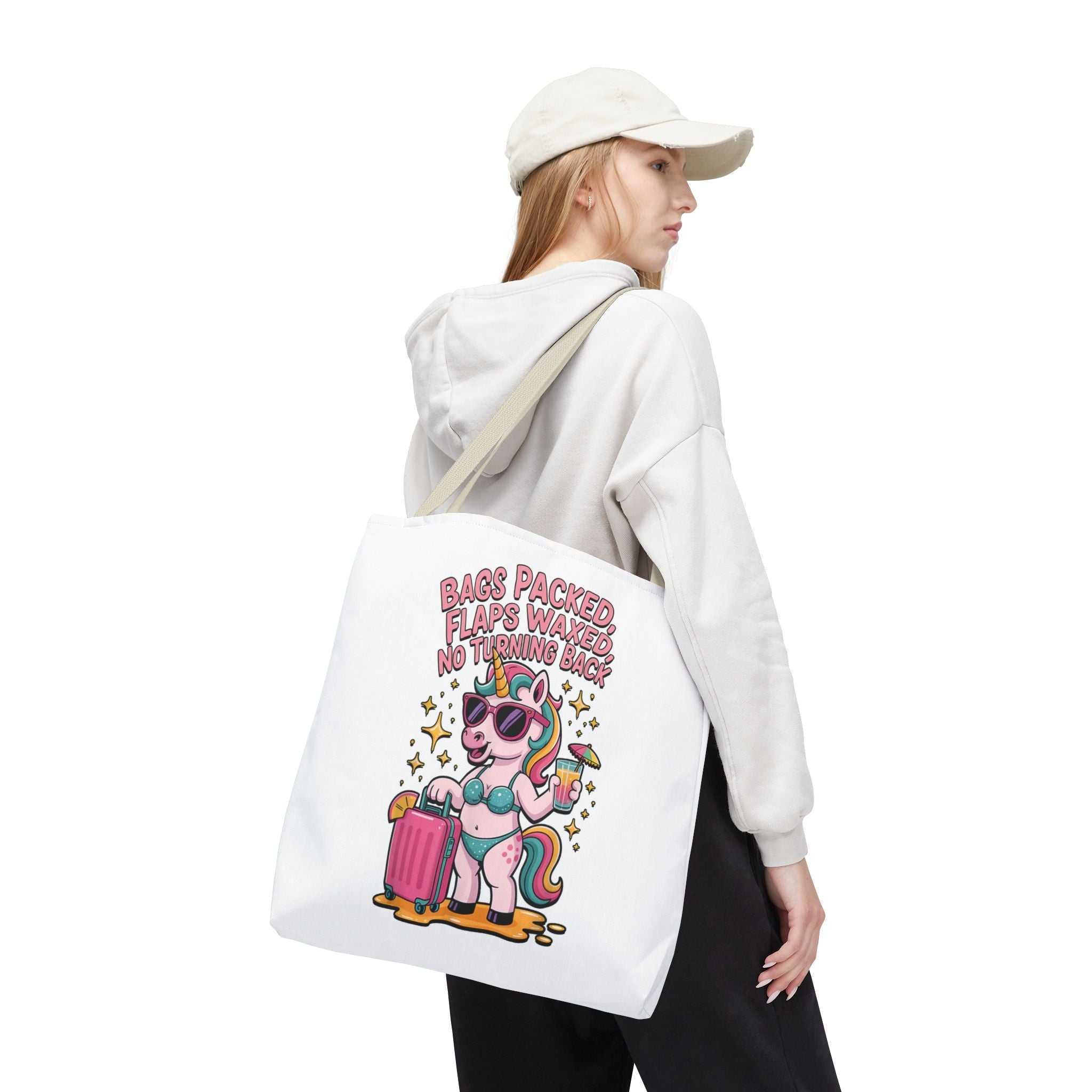 Fun unicorn travel tote bag with cheeky design, durable spun polyester, multiple sizes and handle color options.