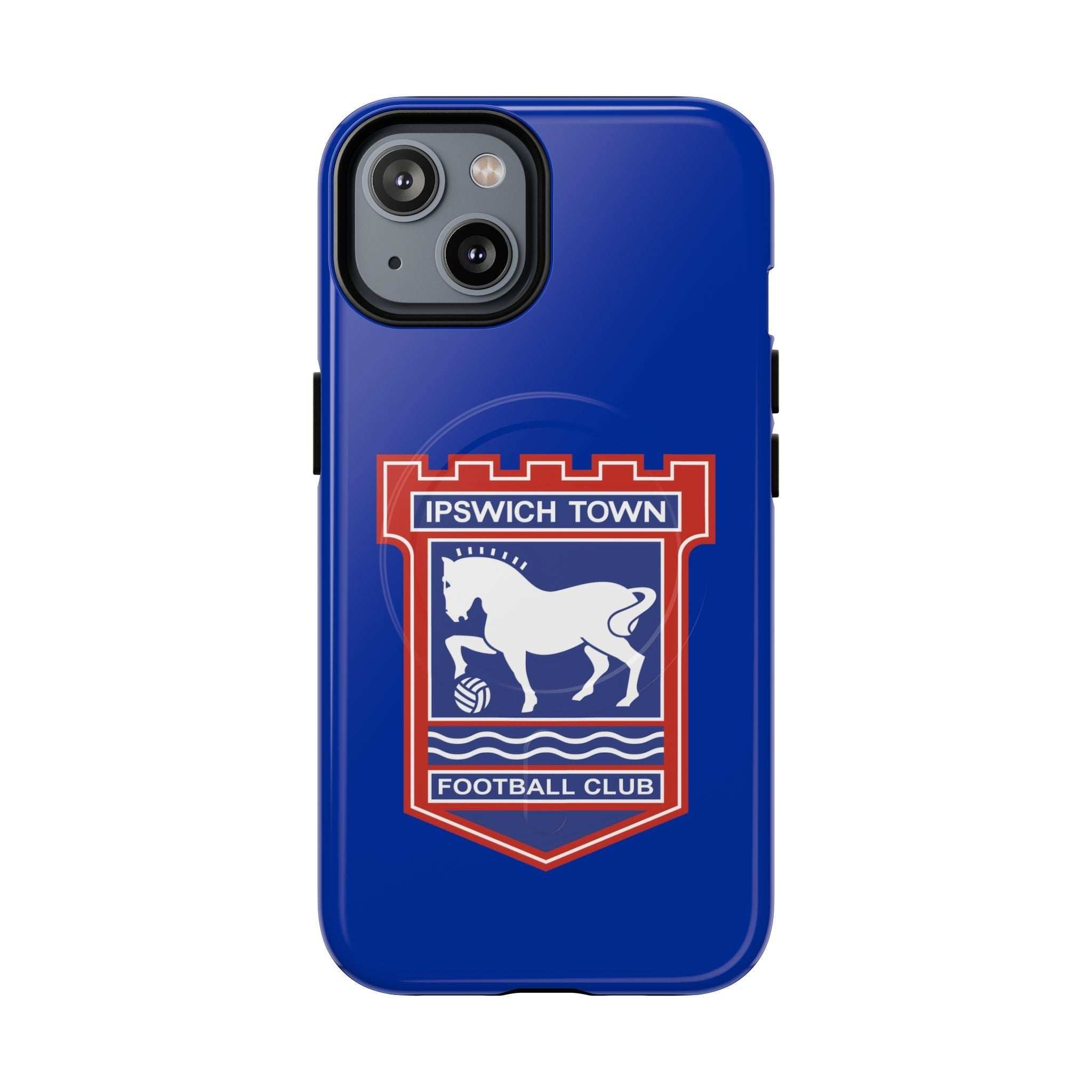 Ipswich Town MagSafe iPhone case with club crest in blue, dual-layer protection, and MagSafe compatibility