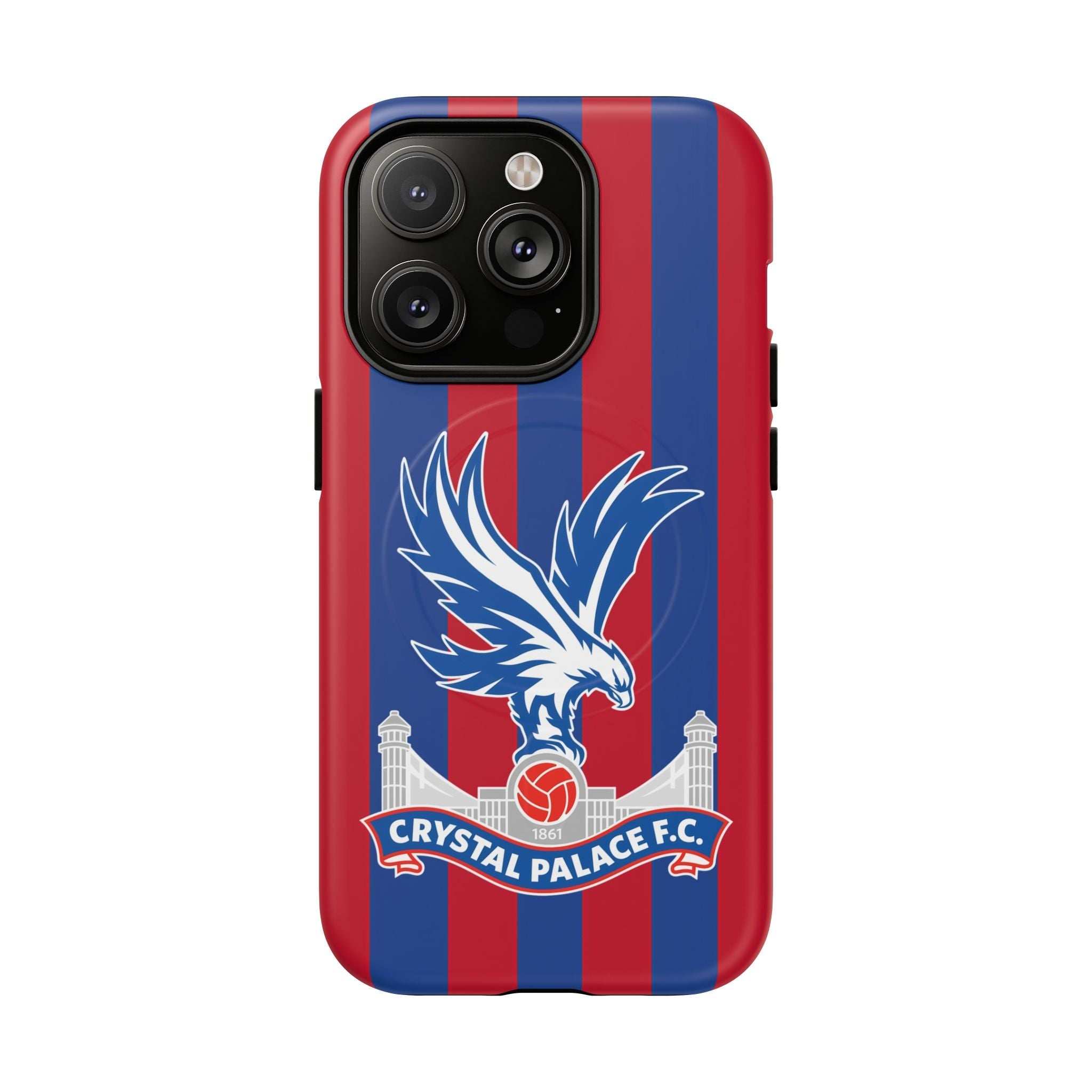 Crystal Palace MagSafe iPhone case with red and blue stripes and eagle crest, dual-layer protection, and MagSafe compatibility