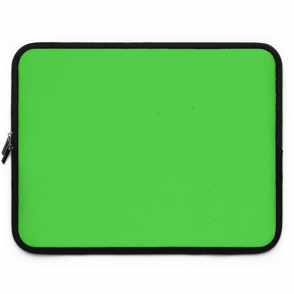 Lime green neoprene laptop sleeve with black trim and dual zipper, lightweight and waterproof protective case