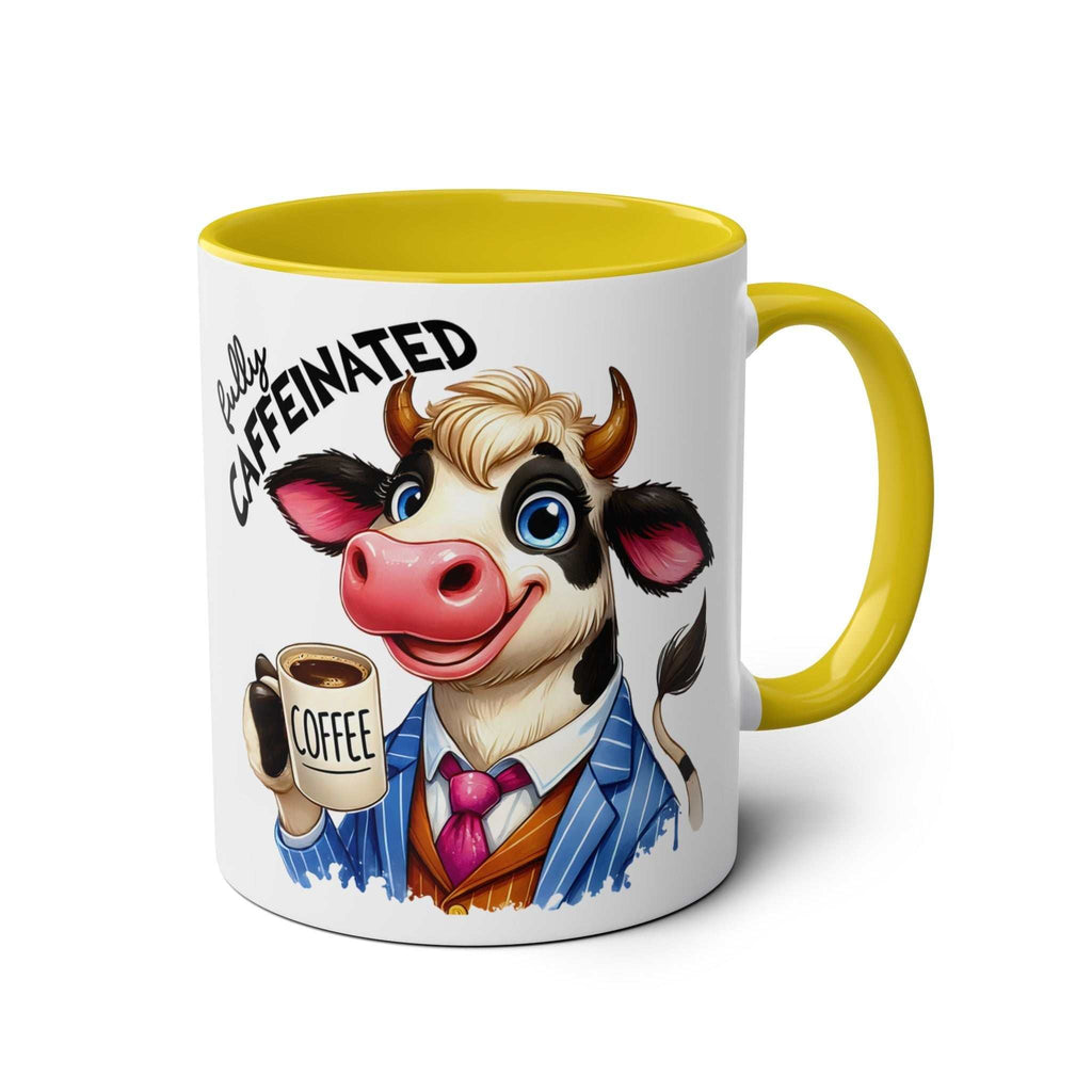 Fun Sarcastic Coffee Mug with cartoon cow design, yellow interior, and "Fully Caffeinated" text.