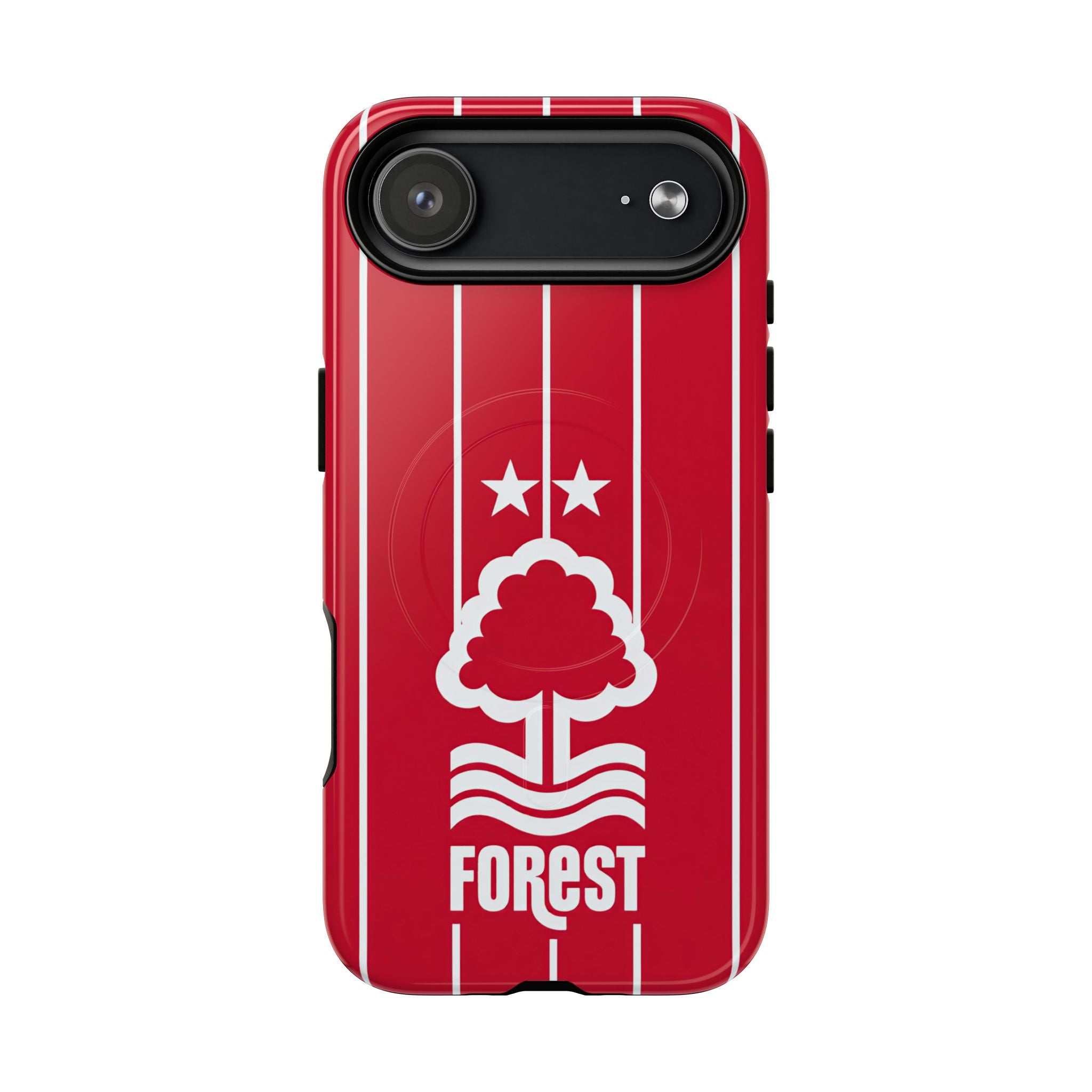 Red Nottingham Forest MagSafe iPhone case with club crest and vertical white stripes, durable dual-layer protection