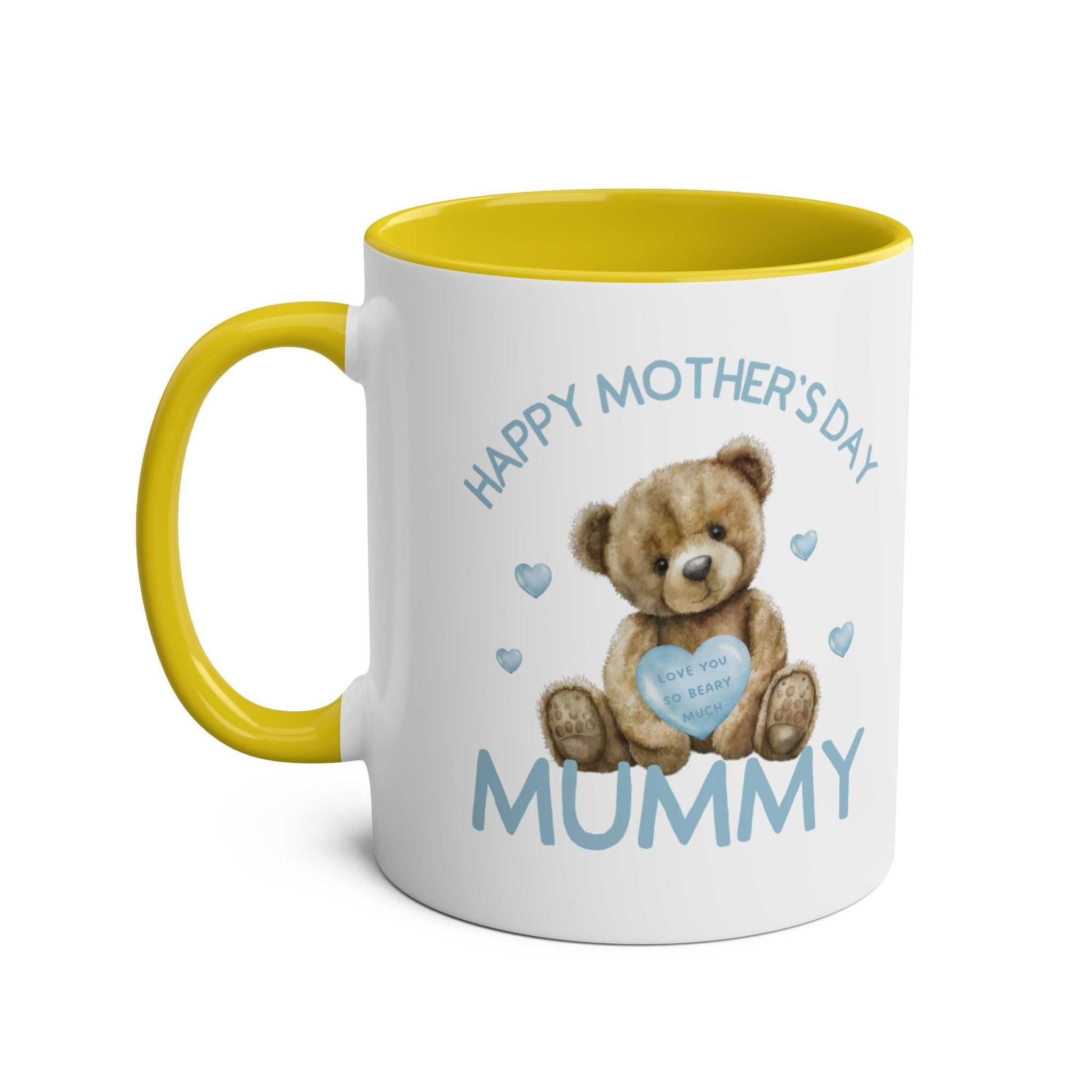 Cute Mother's Day mug featuring bear design with yellow interior and handle.