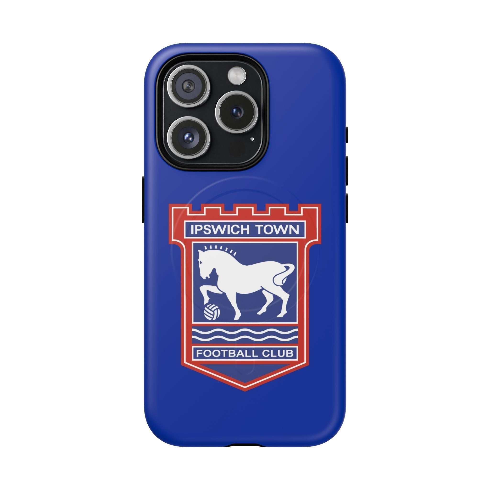 Ipswich Town MagSafe iPhone case in blue with football club crest, dual-layer protection, and MagSafe compatibility
