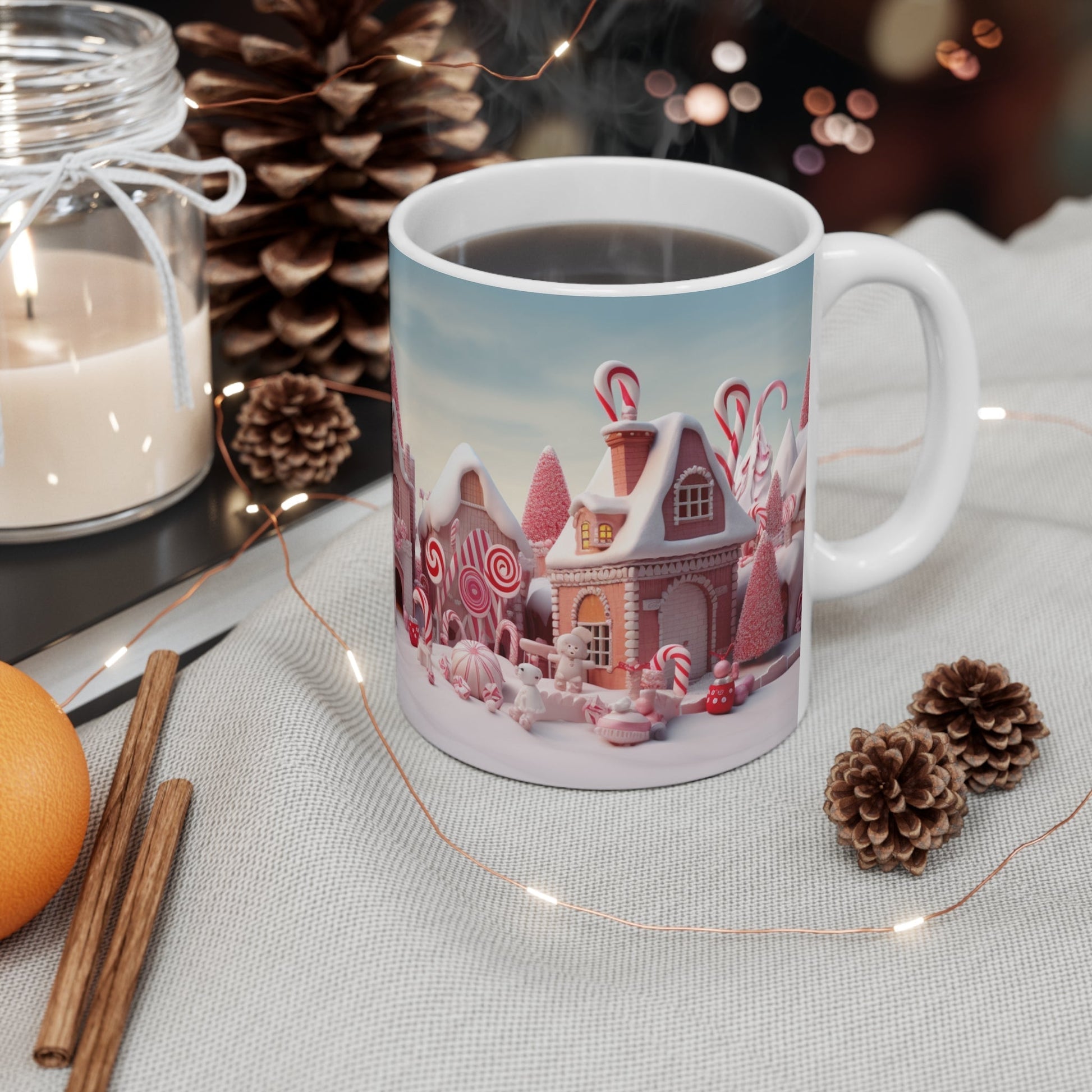 Candy Town Christmas Mug with festive design, 11oz ceramic, glossy finish.