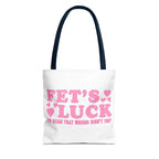 Pink heart tote bag with cheeky fun design and multiple handle color options
