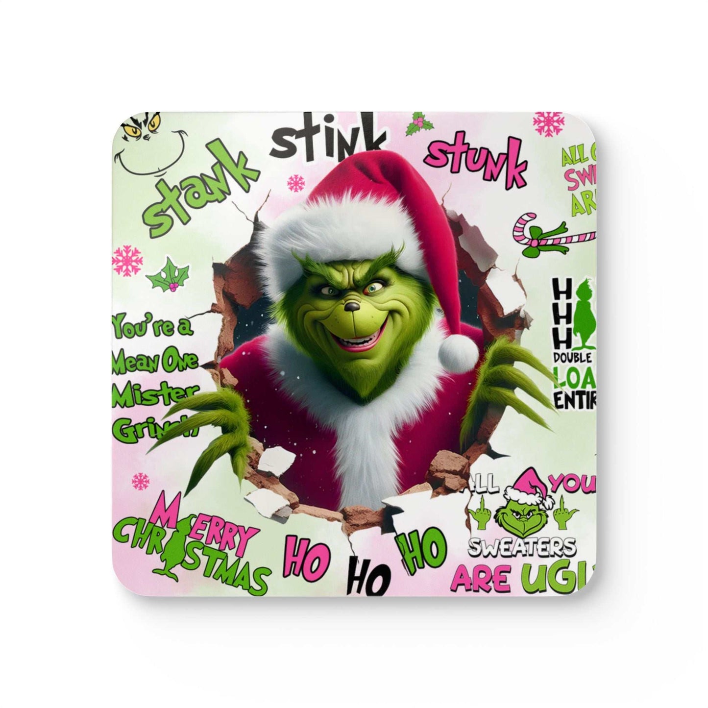 Grinch Christmas coaster set with a festive design featuring the iconic grumpy Grinch, perfect for protecting furniture during the holidays.