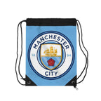 Manchester City drawstring bag in sky blue and white with club crest and durable polyester material.