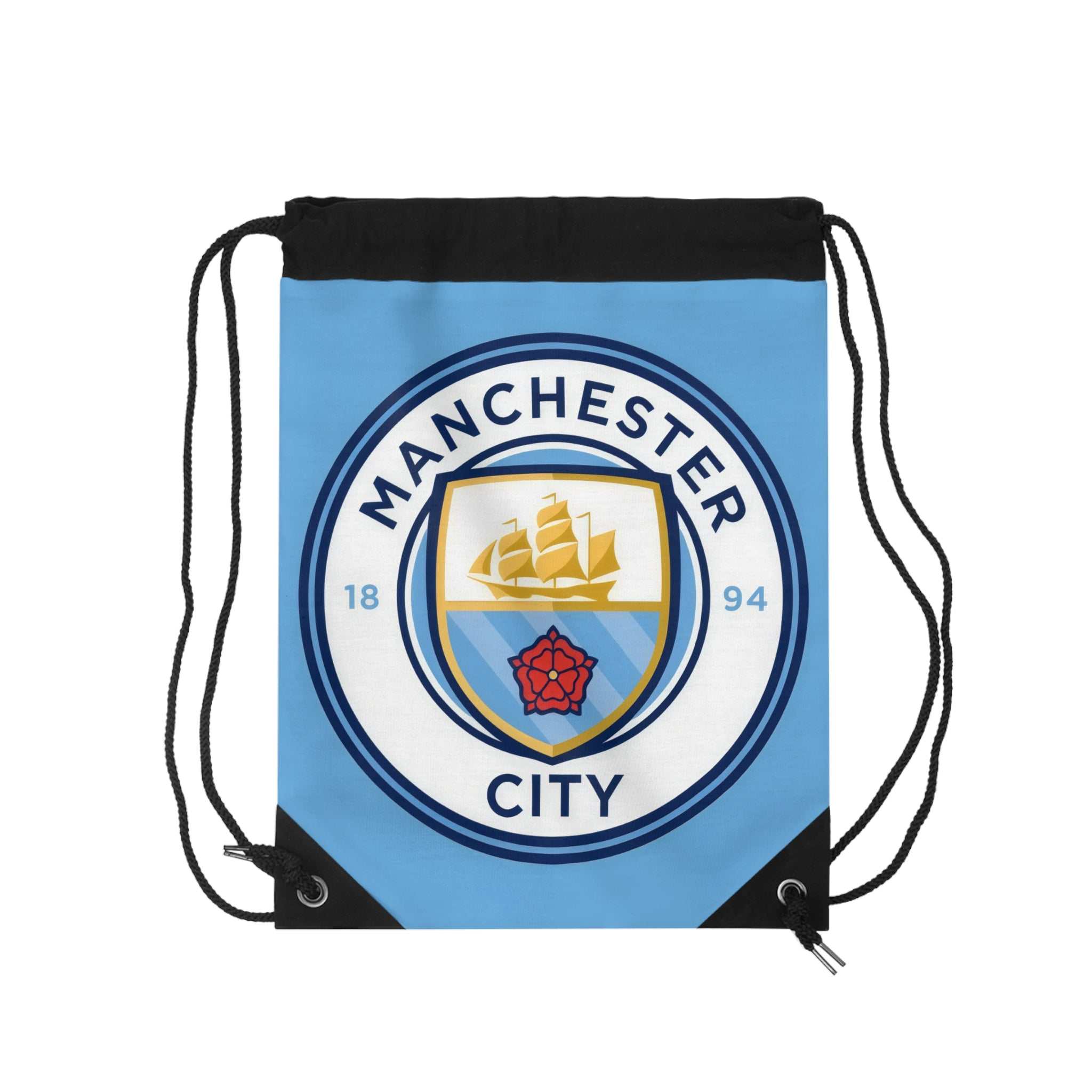 Manchester City drawstring bag in sky blue and white with club crest and durable polyester material.