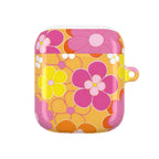 Retro floral patterned hard shell protective case for AirPods and AirPods Pro with vibrant pink and yellow flowers, glossy finish, and lightweight design.