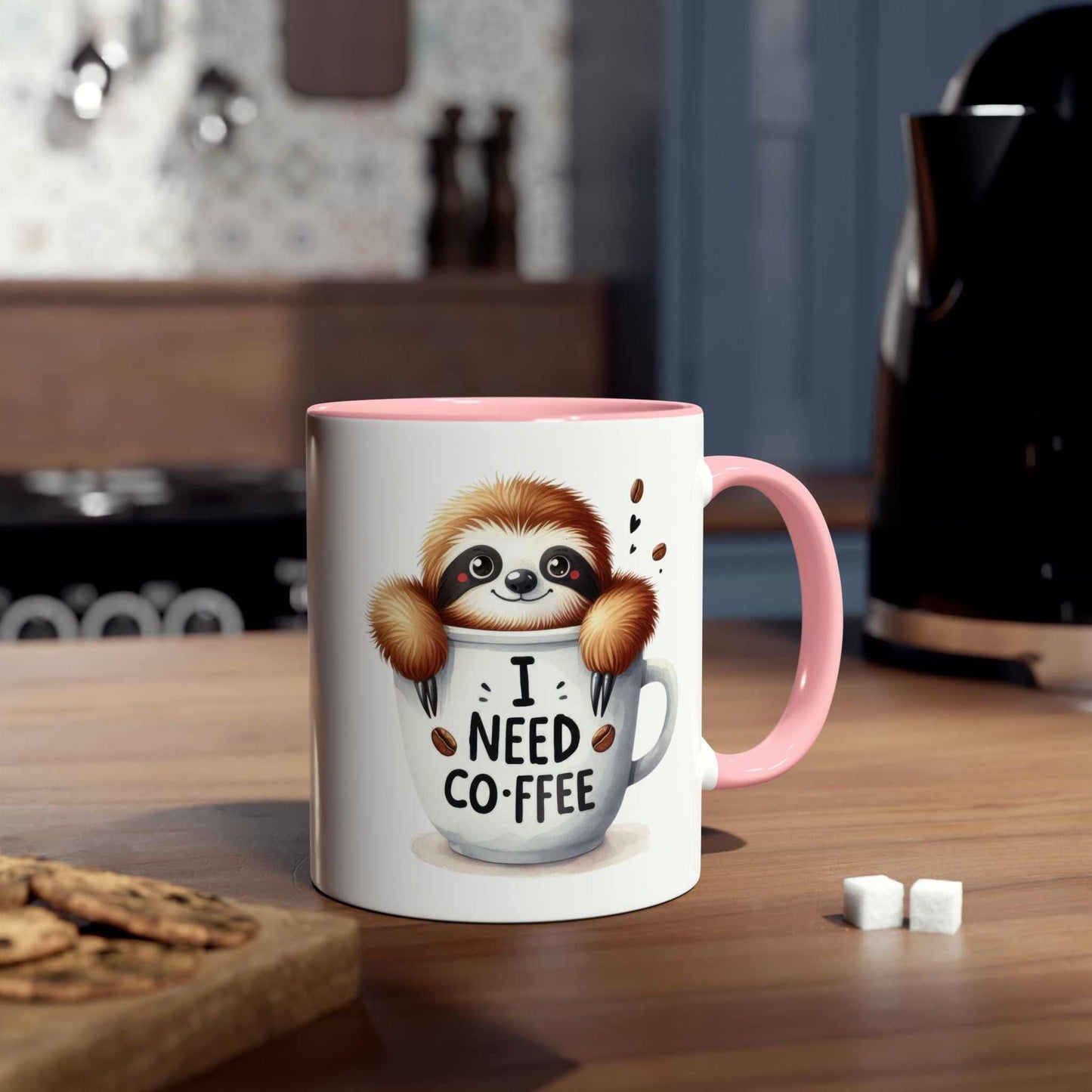 Cute sloth coffee mug with whimsical design on a kitchen counter.