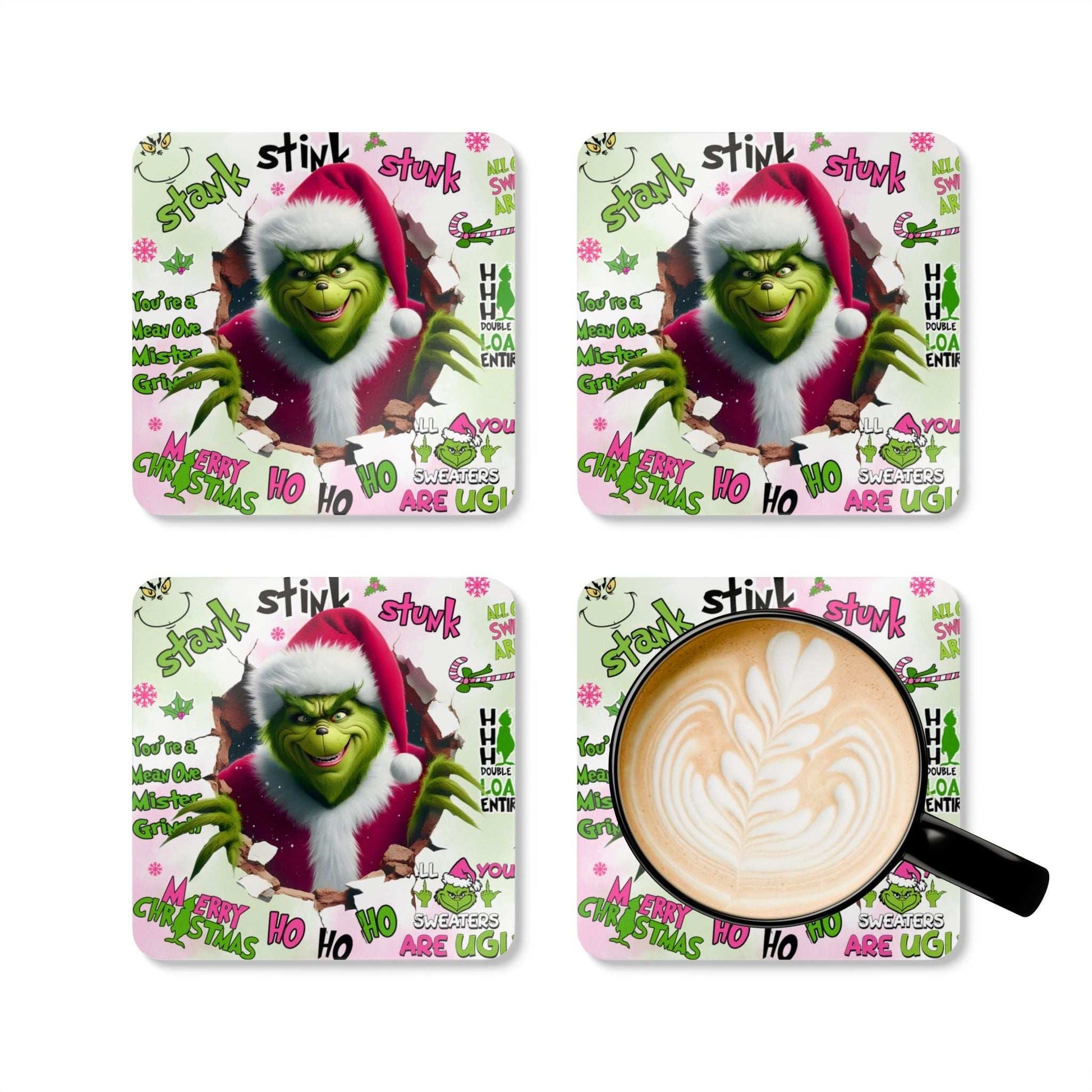 Grinch Christmas coaster set with grumpy Grinch design, perfect for holiday festivities.