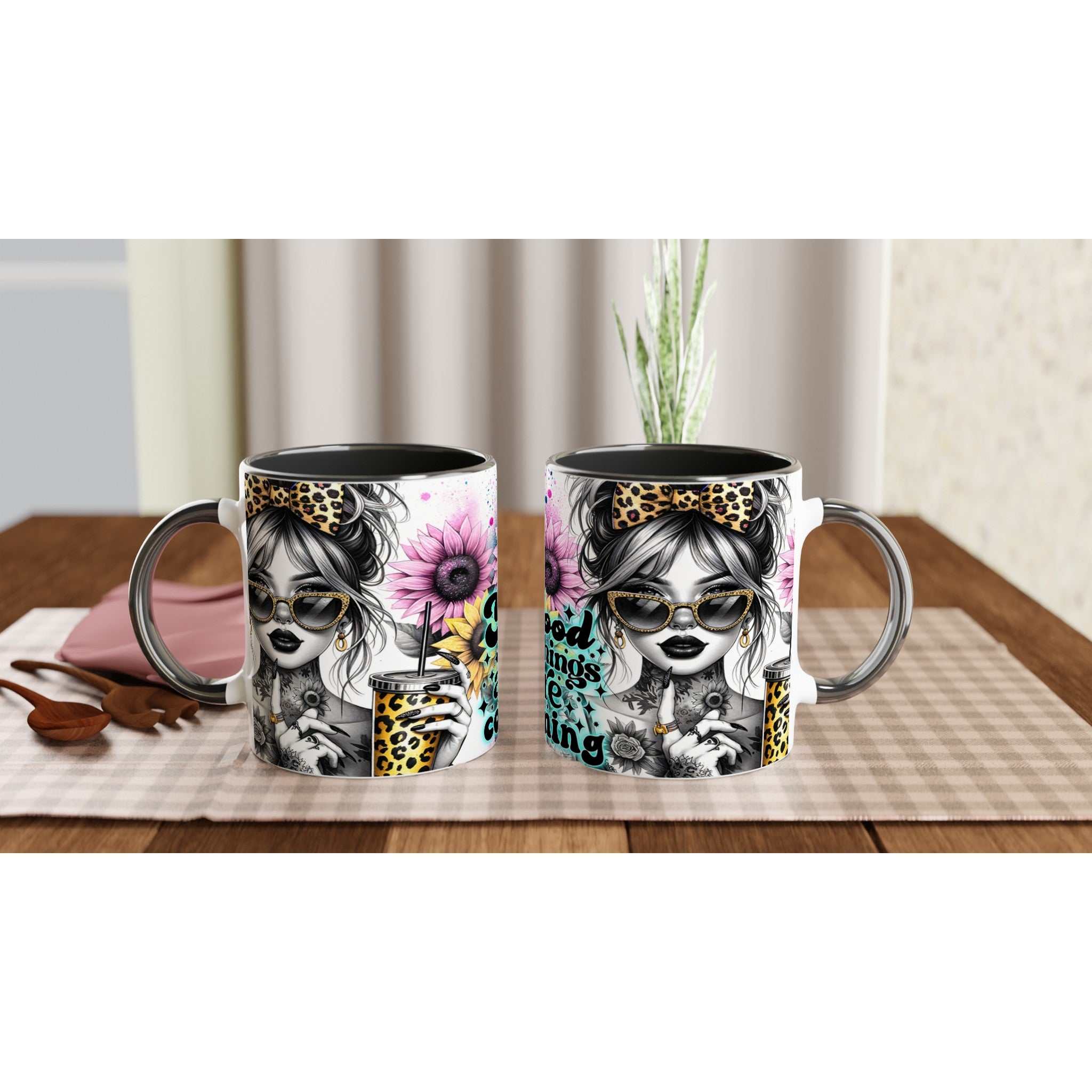 Good Things Are Coming – Motivational Coffee Mug with vibrant design and inspirational quote, featuring glossy finish and two-tone ceramic.
