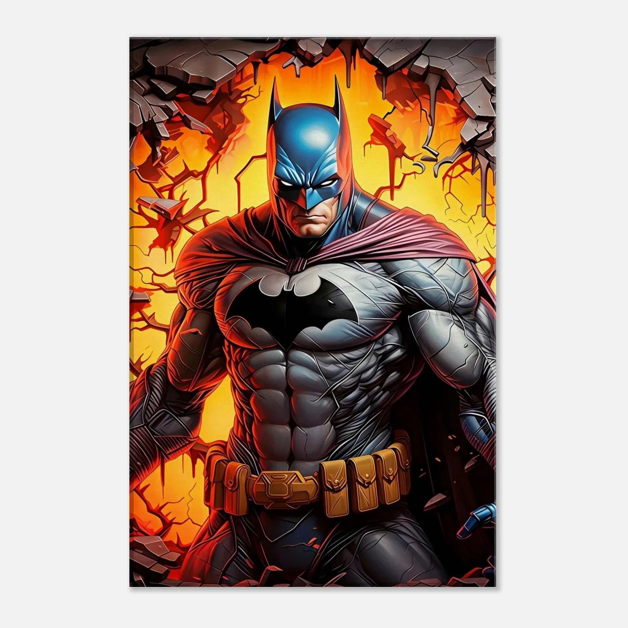Batman wall canvas featuring Gotham’s protector in vibrant colors, available in multiple sizes with FSC-certified wood and hanging kit.